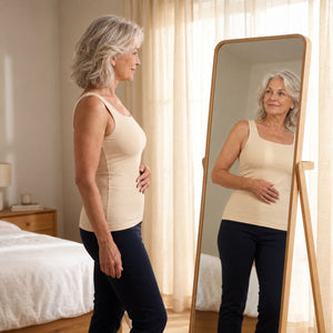 Woman wearing the Nancy's tank in Nude, mirror view