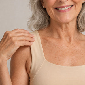 Wide soft strap of the Nancy's tank sitting flat on the shoulder
