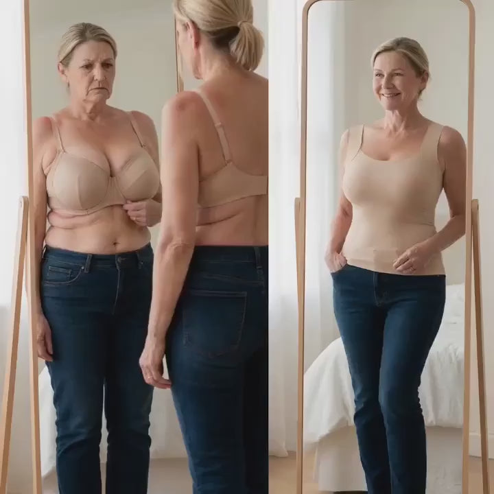 Woman showing the Nancy's built-in bra tank top